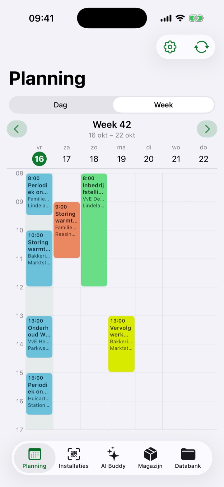 Weekplanning van een monteur in de e-buddy-app